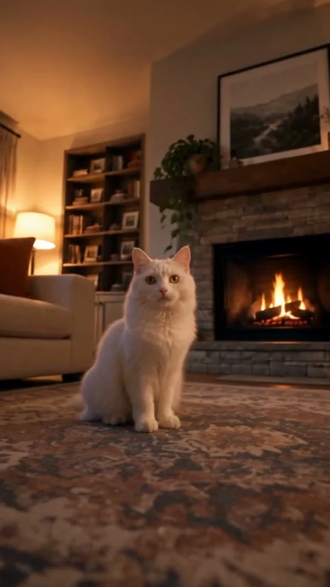 White cat on a patterned rug in a warm living room beside a lit fireplace