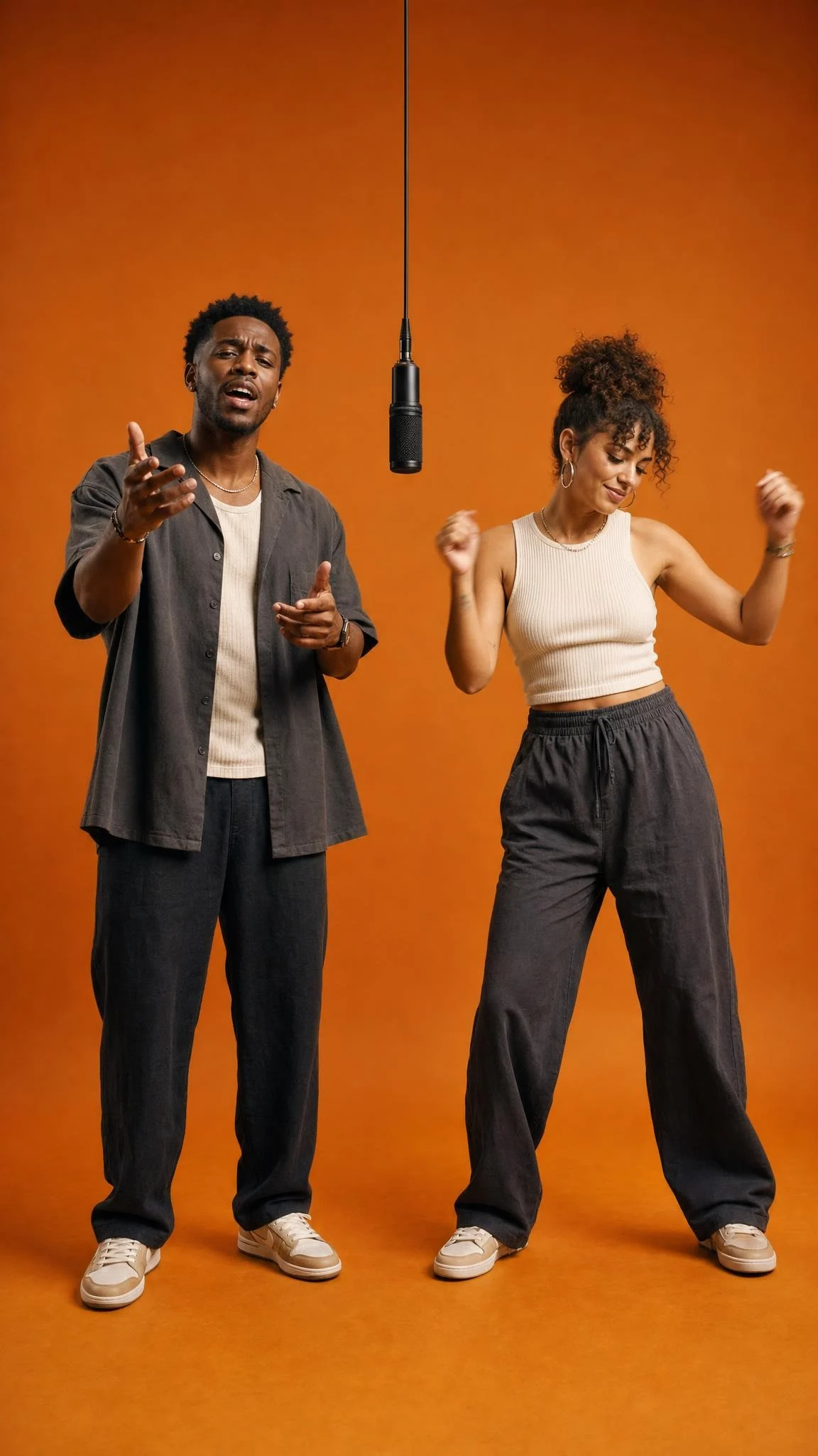 Two people performing beneath a suspended microphone against a solid orange studio backdrop