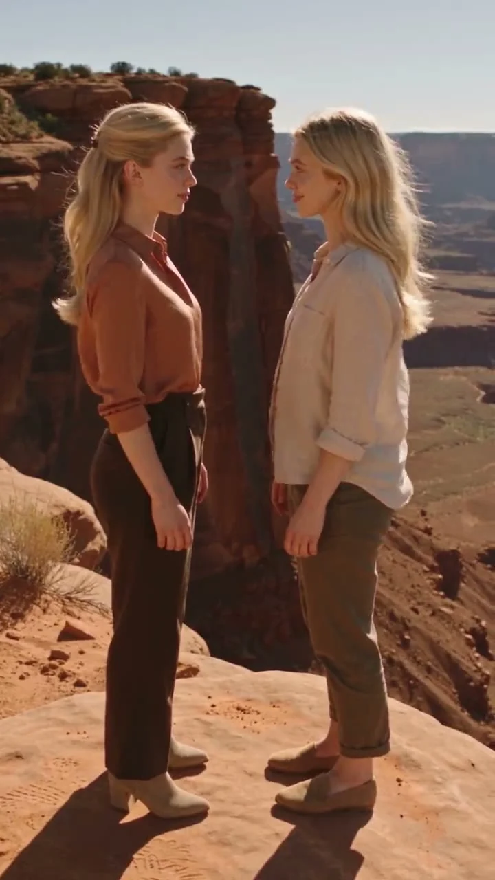 Two blonde women face each other on a sunlit red-rock ledge with a canyon behind them