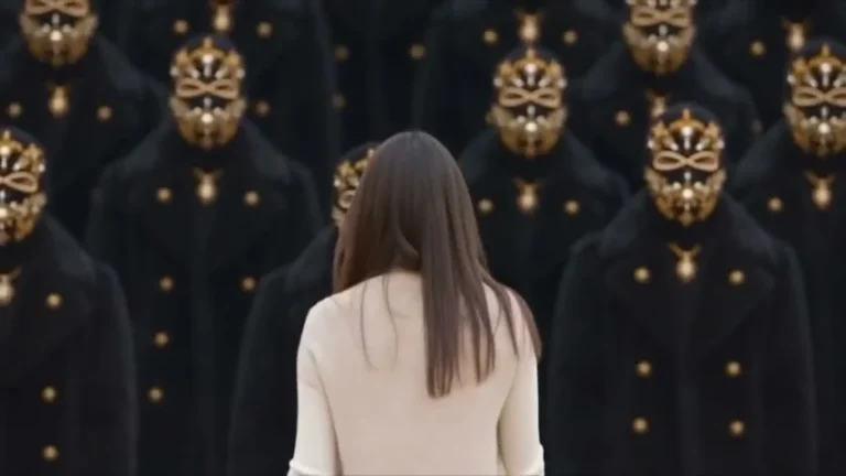 Person in a light top facing a crowd of dark figures wearing gold masks