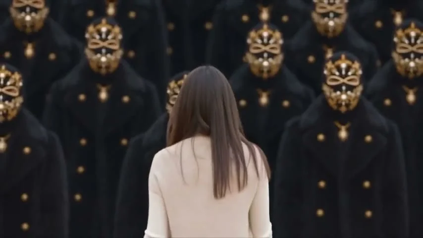 Person in a light top facing a crowd of dark figures wearing gold masks