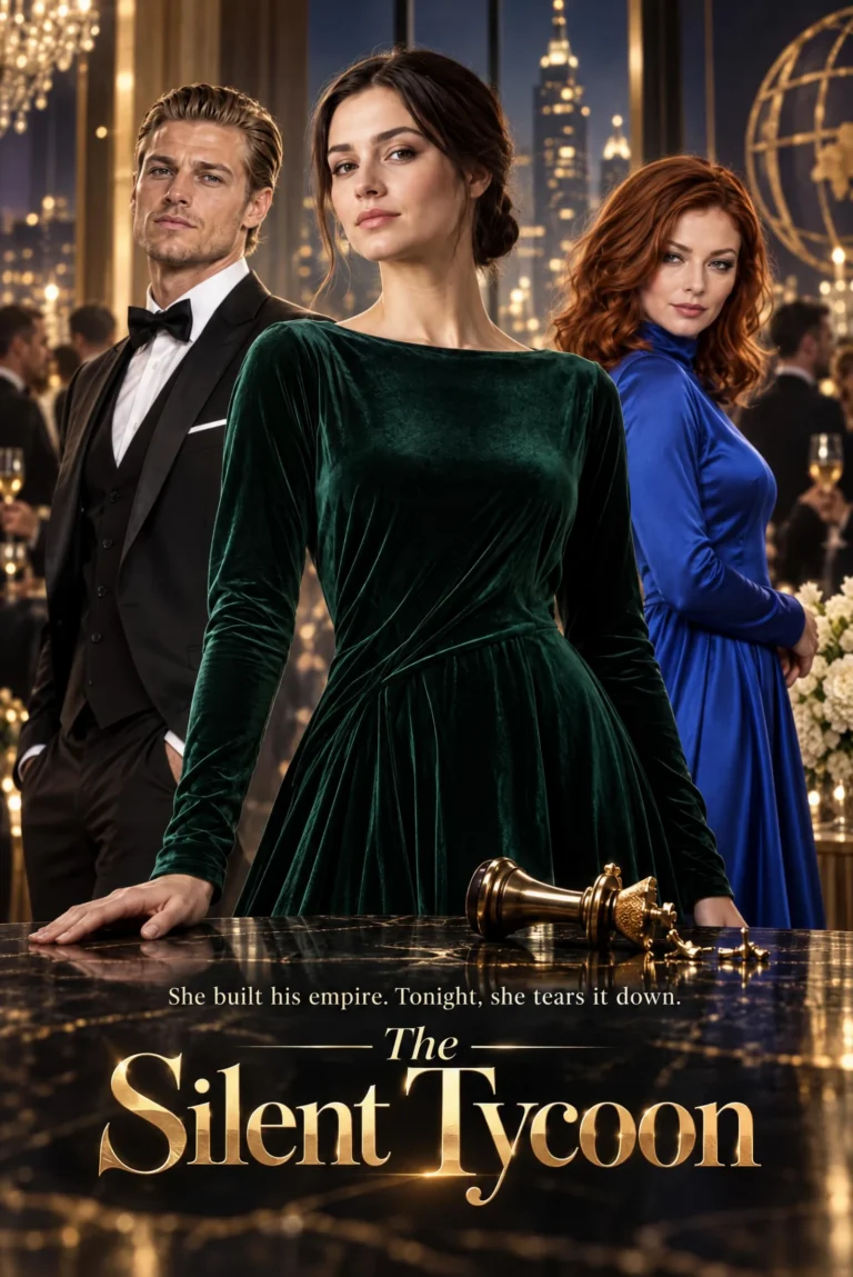 Sample The Silent Tycoon poster showing three fictional characters at a gala, with a woman in green in front of two rivals
