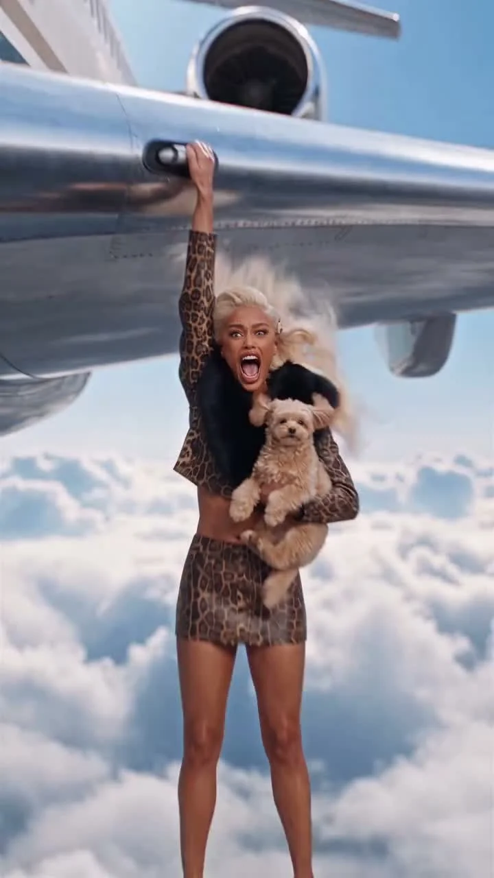 A woman holding a small dog clings to the side of an airplane above the clouds