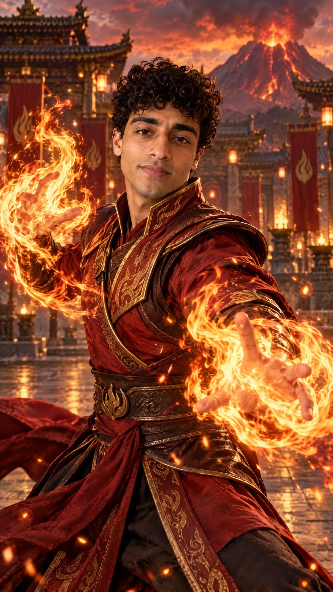 Curly-haired person in red-and-gold robes casting bright flames in a lantern-lit courtyard, with a glowing volcano behind.