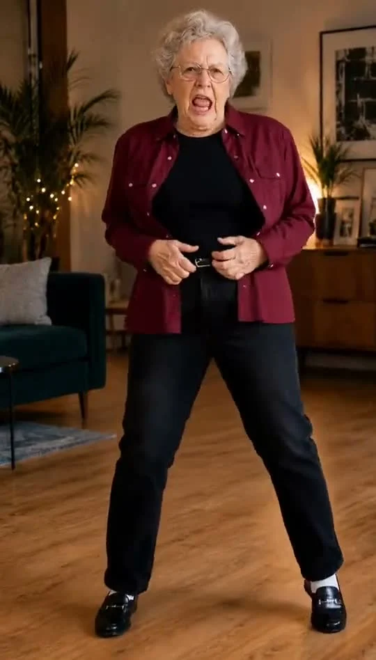 A gray-haired person in glasses and a burgundy overshirt stands wide-legged in a living room.