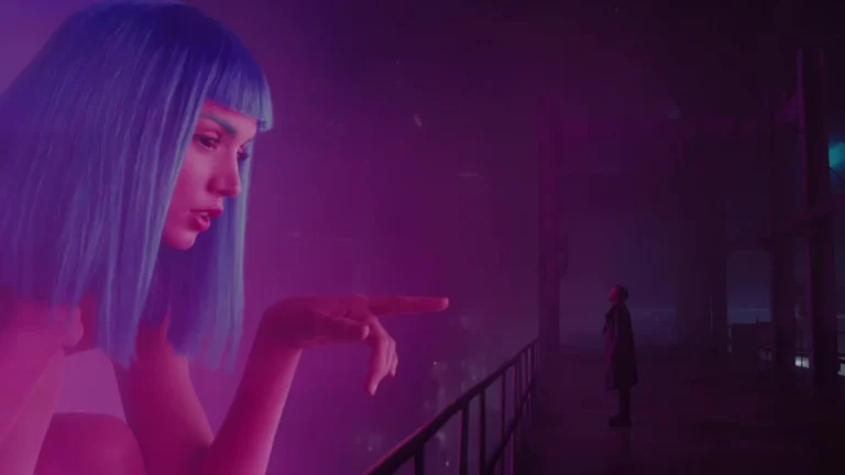 Source scene of a giant pink hologram with blue hair reaching toward a small person on a dark platform