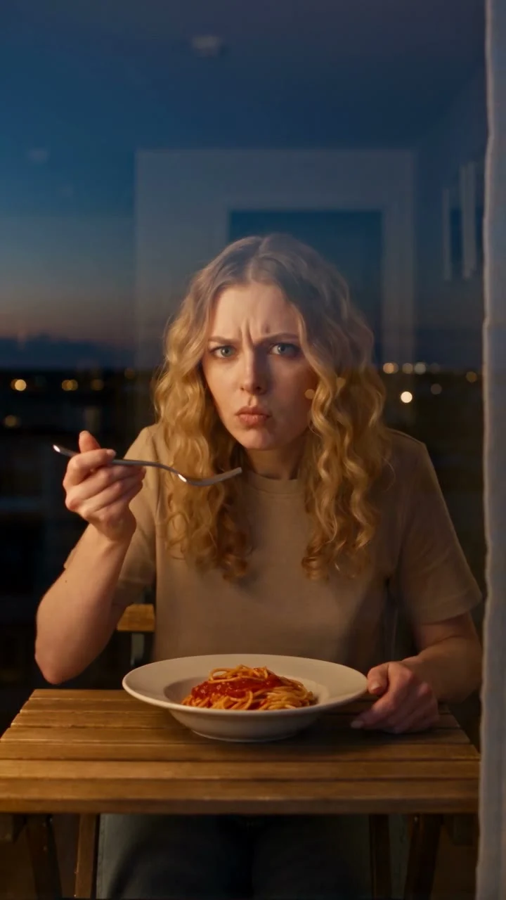 Woman with wavy hair holding a fork above a plate of pasta at a table, framed by a dark nighttime window