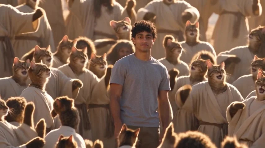 A fictional young man in a gray T-shirt stands calmly amid a crowd of cats wearing pale robes on a warm hillside.