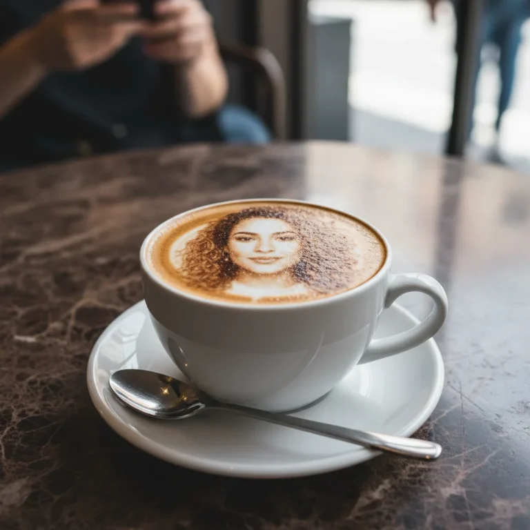White latte cup on a café table with a portrait-shaped pattern in the foam and a spoon on the saucer
