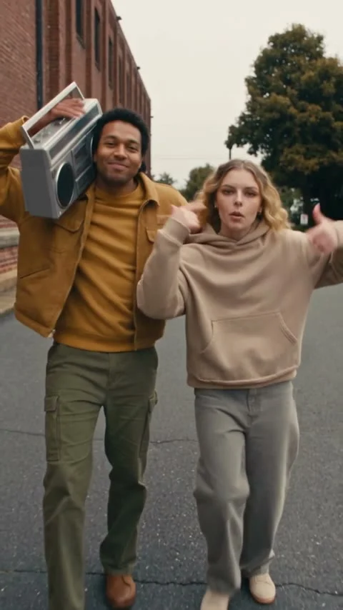 Two people walking toward the camera on a street, one holding a silver boombox at shoulder height and the other gesturing in a light hoodie