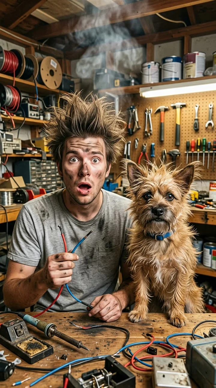 A wide-eyed man with spiked hair holds colored wires beside a shaggy dog at a cluttered workbench, with smoke above them.