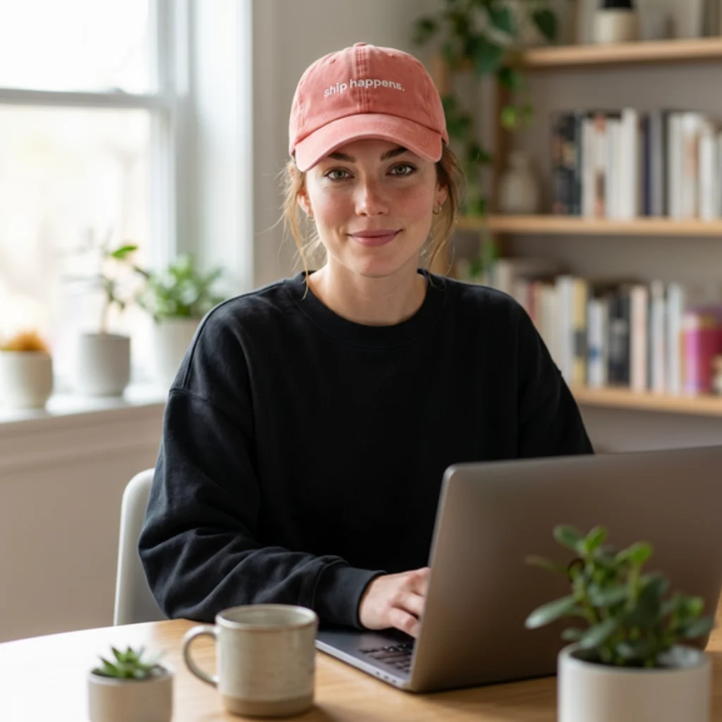 Woman in a pink cap and black sweatshirt sitting at a laptop beside a window