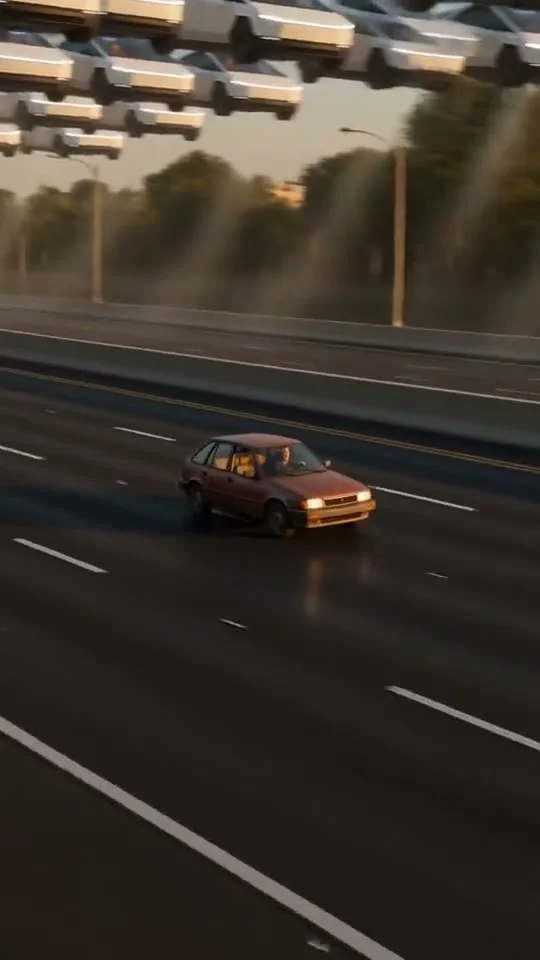 Reddish compact car on a wide road at dusk, with several pale cars suspended across the top of the frame.