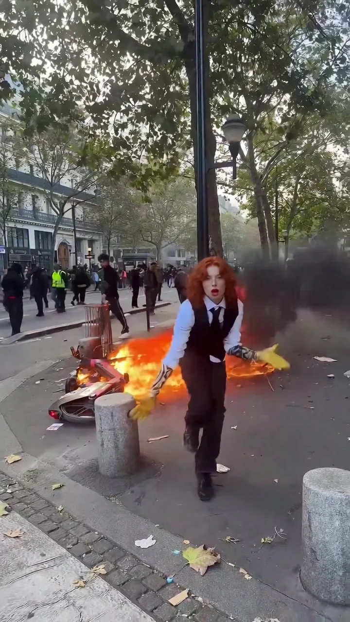 Red-haired dancer in a dark vest and yellow gloves on a Paris street, with smoke, flames and bystanders behind