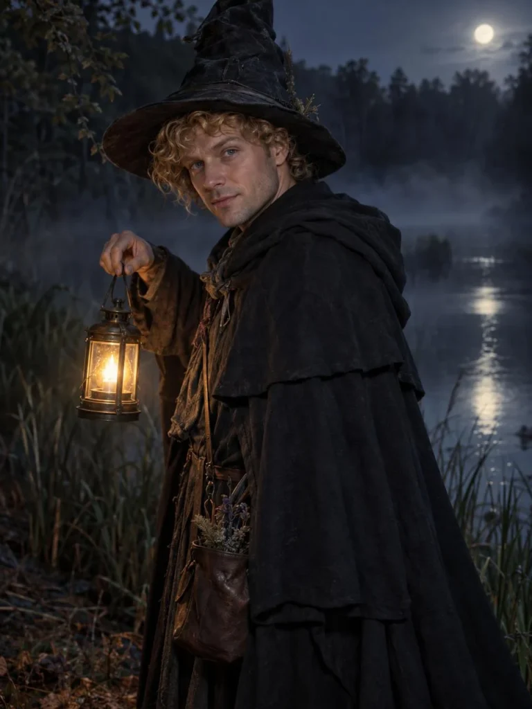 A curly-haired person in a pointed black witch hat and cape holds a glowing lantern beside a misty pond at night.