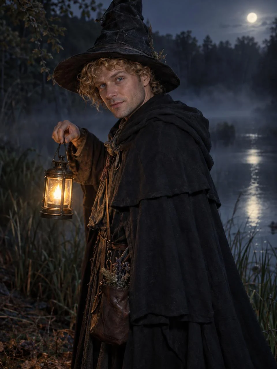 A curly-haired person in a pointed black witch hat and cape holds a glowing lantern beside a misty pond at night.
