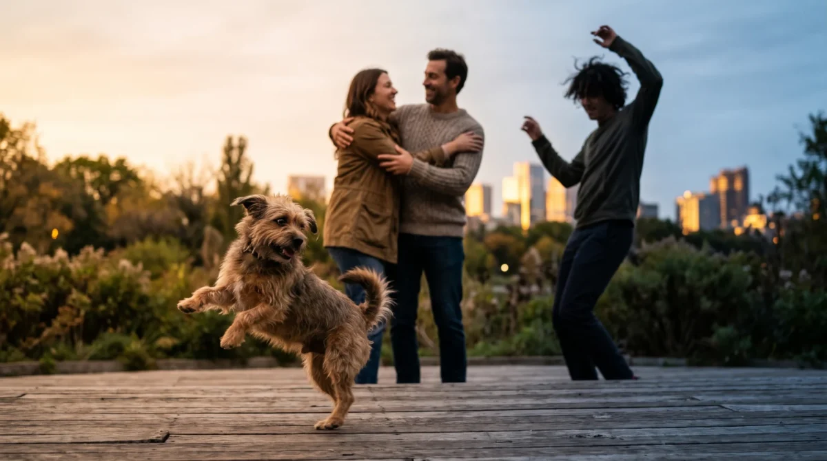 A small dog dances in the foreground as two adults embrace and another person dances at dusk.