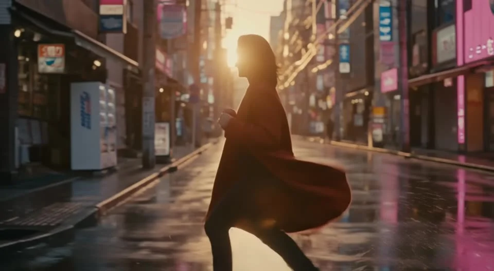 Silhouette in a dark coat crossing a reflective street against a bright backlight