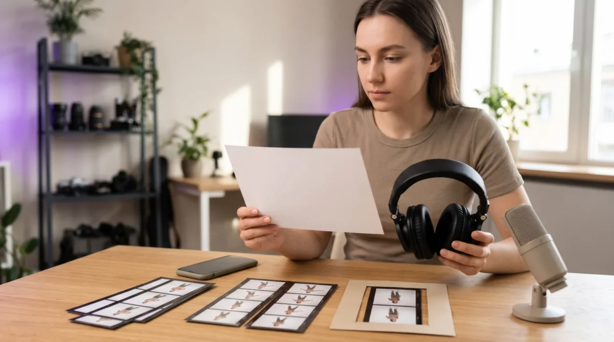 Creator reviews video frame prints beside headphones and a microphone at a worktable