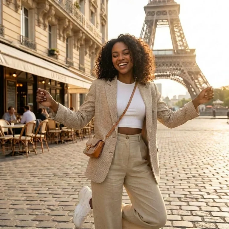 Smiling woman in beige clothes standing on a cobblestone street near the Eiffel Tower, arms raised as if dancing