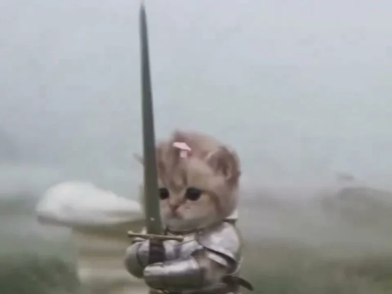 Tiny armored kitten holding a tall sword on a misty moor