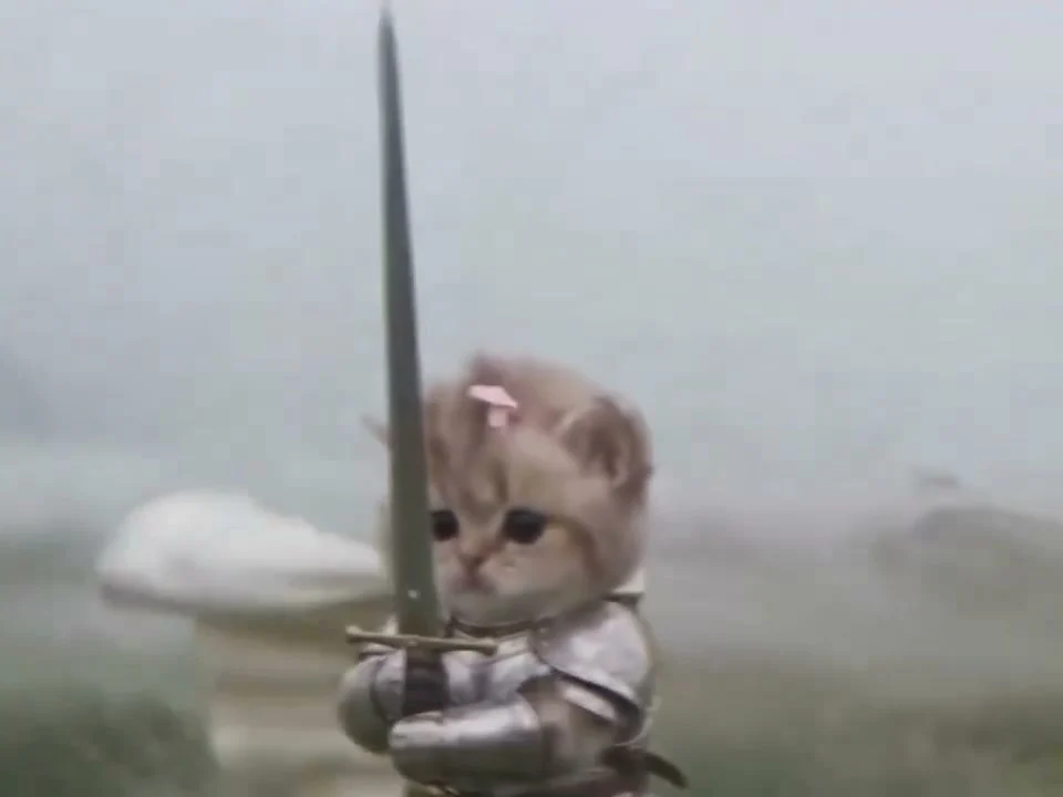 Tiny armored kitten holding a tall sword on a misty moor