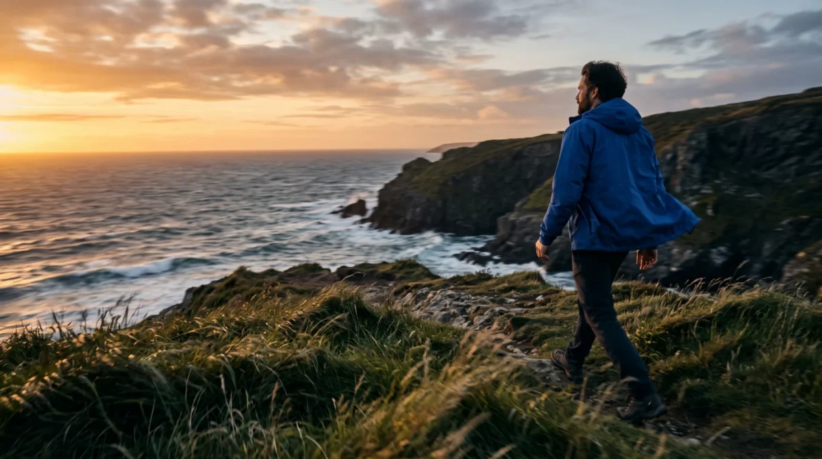 Man in a blue jacket walking along a windy coastal bluff at sunset, with grass and sea around him