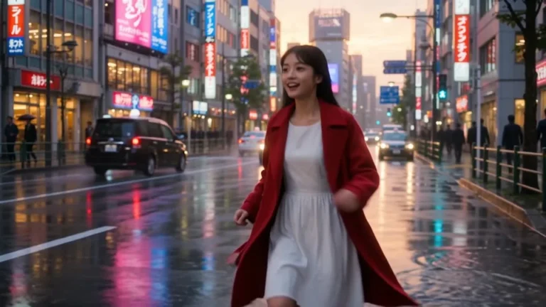 Woman in a red coat walking along a wet city street at sunset beneath bright signs