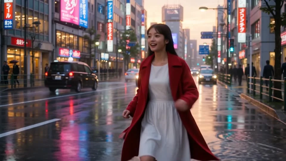 Woman in a red coat walking along a wet city street at sunset beneath bright signs