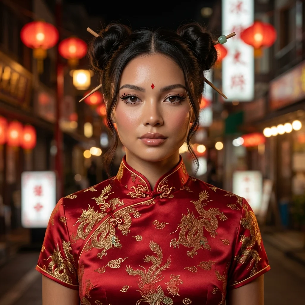 Centered portrait of a woman wearing defined eye makeup and a red embroidered top on a lantern-lit street