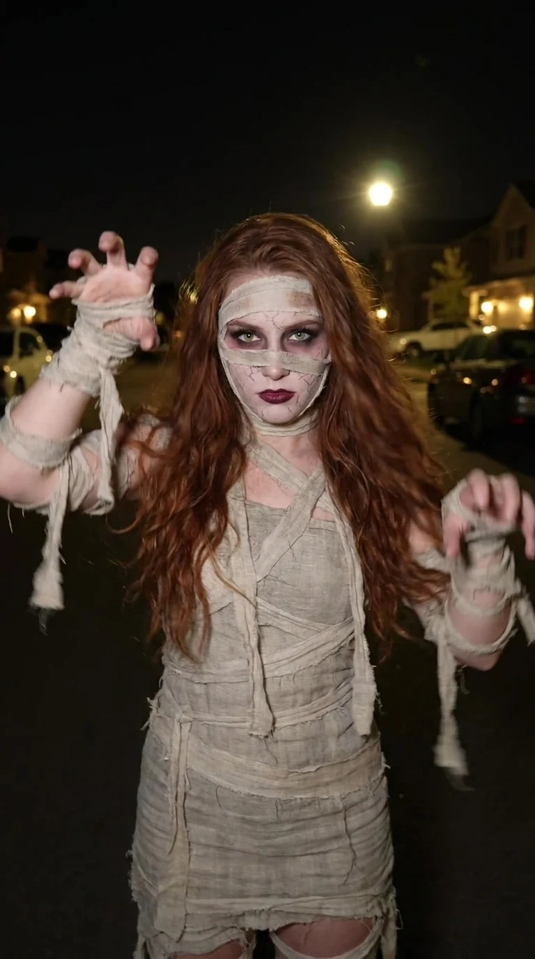 Red-haired person wearing pale mummy bandages and dark eye makeup, raising both hands on a dark street