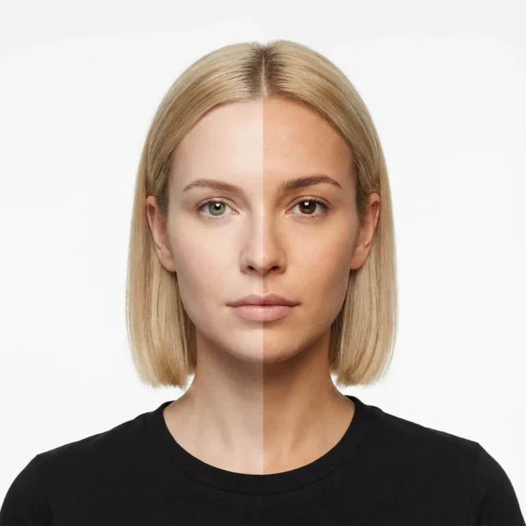 Split portrait of a blonde woman with different eyes and facial coloring on either side of a vertical seam