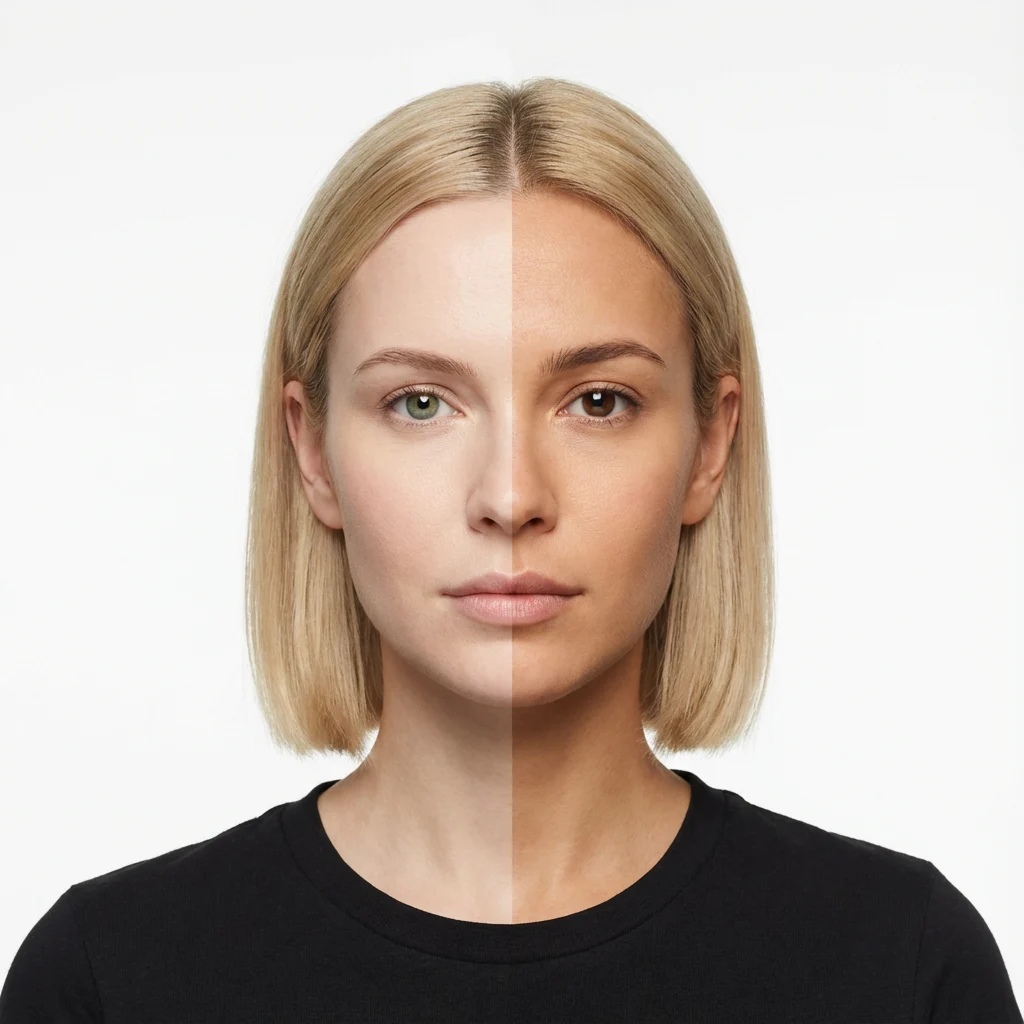 Split portrait of a blonde woman with different eyes and facial coloring on either side of a vertical seam