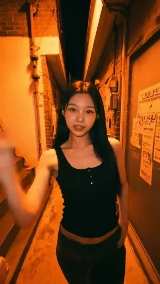 A dancer in black facing the camera in a narrow alley under warm orange lighting.