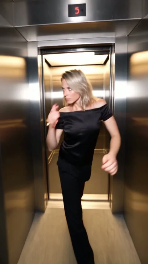 A blonde person in a black off-shoulder top and black pants steps through an open steel elevator under bright light.