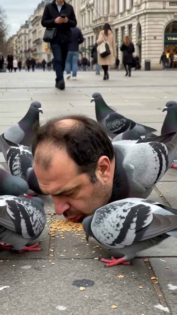 A pigeon with a human head pecks at crumbs among other birds on a city sidewalk