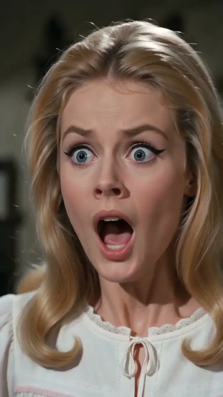 Wide-eyed watcher in a white nightgown reacting to the Rumpelstiltskin barn dance