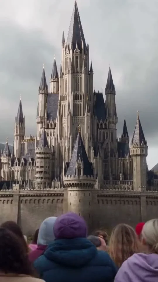 A tall gray stone castle with pointed spires rises above a crowd viewed from behind