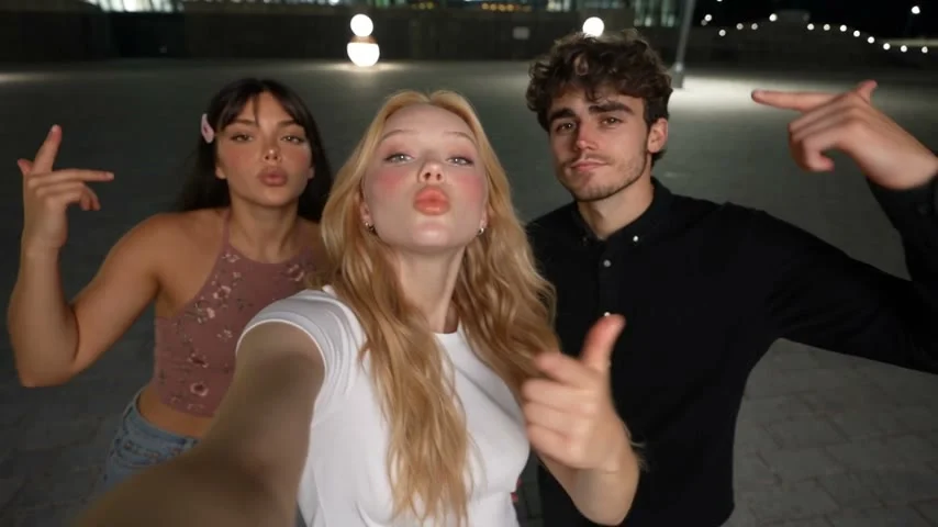 Three people pose close together at night, with a blonde woman centered nearest the camera and lights behind them.