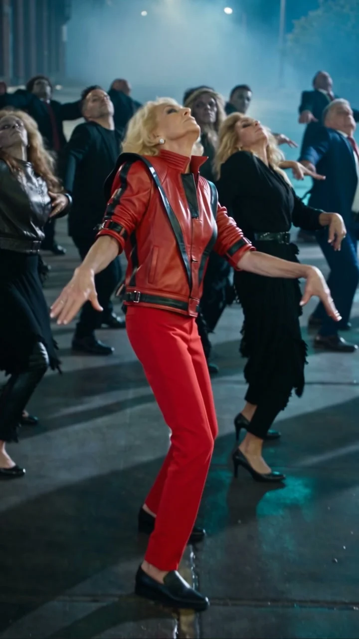 Lead dancer in red with a black-clad troupe on a foggy blue-lit street