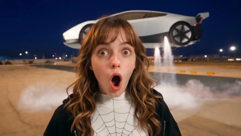 Surprised woman in front of a pale sports car hovering above an airfield at dusk