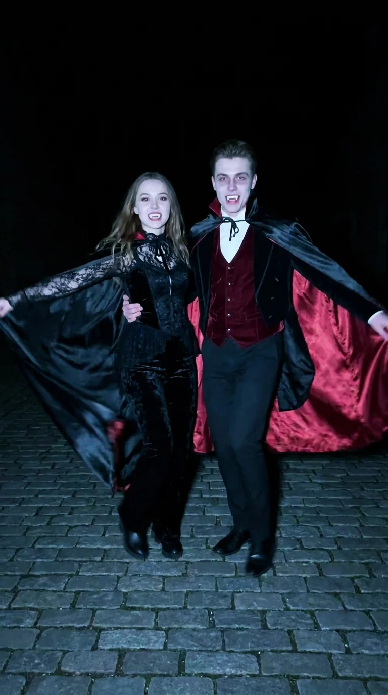 Two people in dark vampire costumes and capes stand together on a cobblestone street against a black night sky.