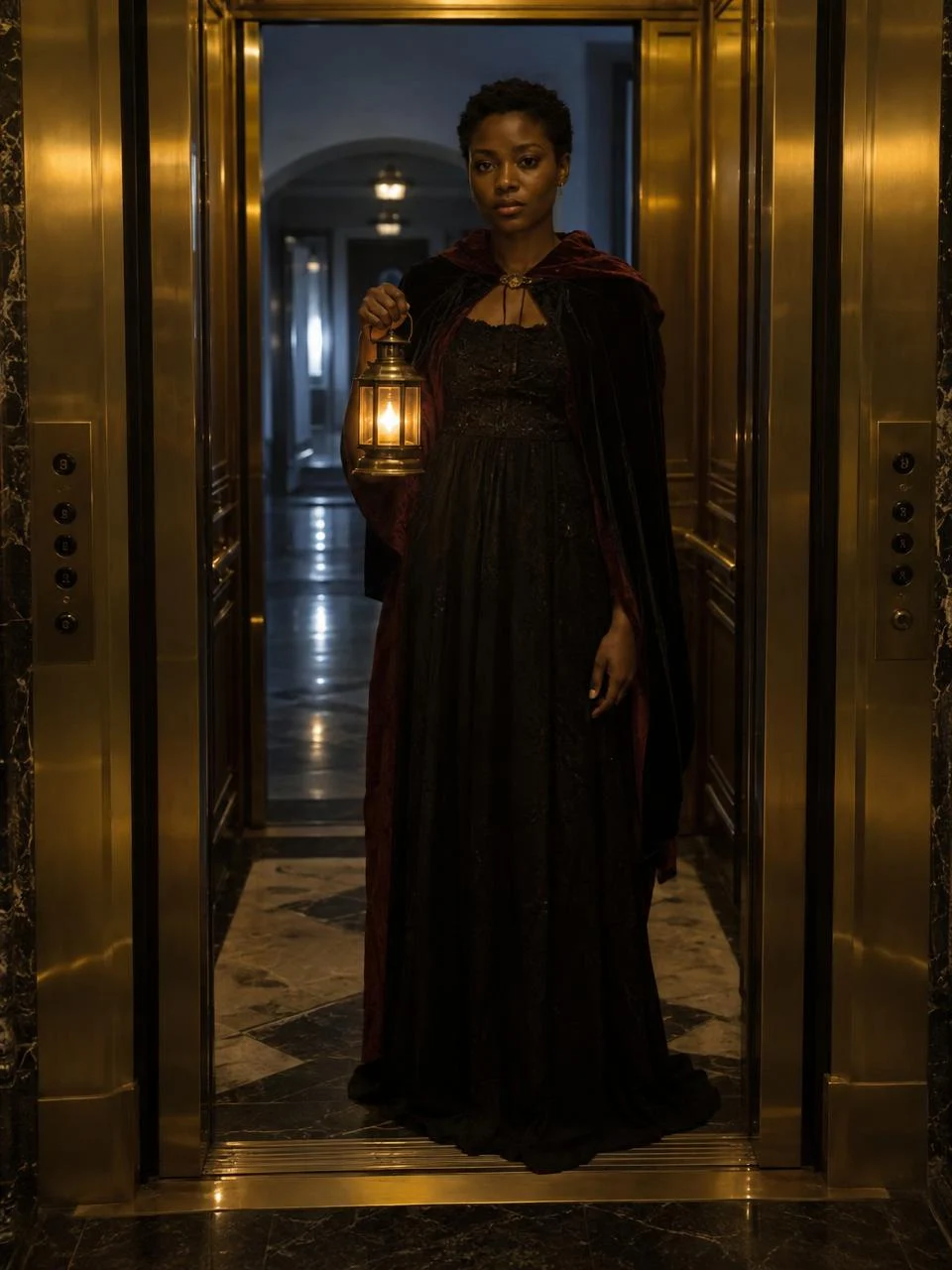Woman holding a glowing lantern inside a brass elevator, with a dark hallway behind her