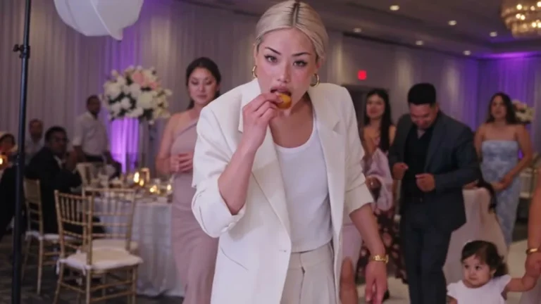 Woman in a white suit eating a small snack in front of wedding guests under purple reception lighting