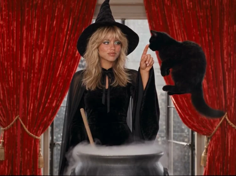 Blond woman in a pointed black hat beside a steaming cauldron, reaching toward a black cat between red curtains